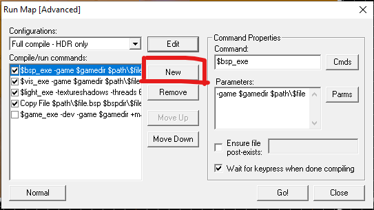 Image showcasing where the "new" button is located in the compile dialog. Many people seem to not be able to find it, so this illustration should hopefully make it clear