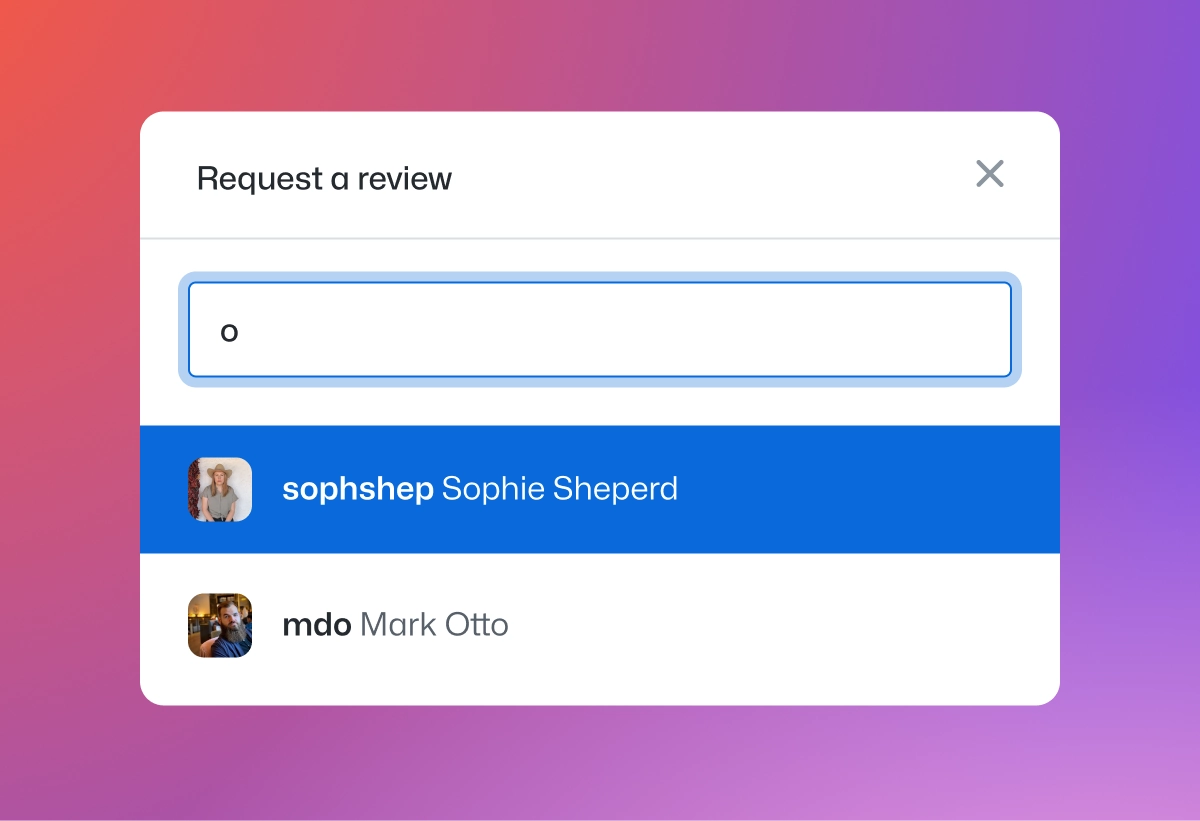 Dropdown menu showing a request for a review with options to select users. The background has a pink-to-purple gradient.